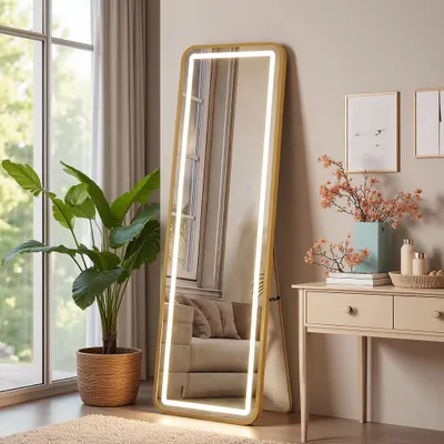 Zdjęcie produktu dla Lustro LED do całego ciała, 150 x 40 cm, stojące lustro z regulacją jasności, 3 tryby światła i panelem dotykowym, lustro ścienne z ramą aluminiową, kolor złoty
