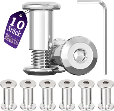 Produktbild von 10 Stück Verbindungsschrauben M6x15mm, Hülsenschrauben, Edelstahl A2 V2A, Möbelschrauben, Schrankverbinder mit Sechskantschlüssel für Schränken, Schränken, Holzbret