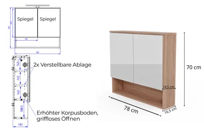A product image showing a wall-mounted cabinet with two doors and an open shelf below, accompanied by technical drawings and dimension labels.