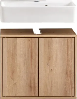 Produktbild von FACKELMANN FINN Badmöbel Set 2 Teile / Waschbecken / Waschbeckenunterschrank mit 2 Türen / Badschrank mit Push-to-Open / Korpus & Front: Braun hell / Rahmendekor & Füße: Braun hell / Breite: 60 cm