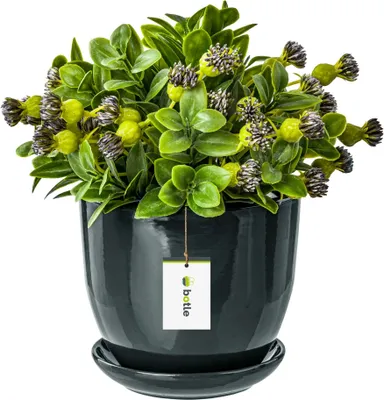 Produktbild von Keramiktopf Pflanztopf Blumenchale Übertopf Pflanzkübel handbemalt D 190 mm dunkel Grau Keramik inkl. Untersetzer Wasserablaufloch