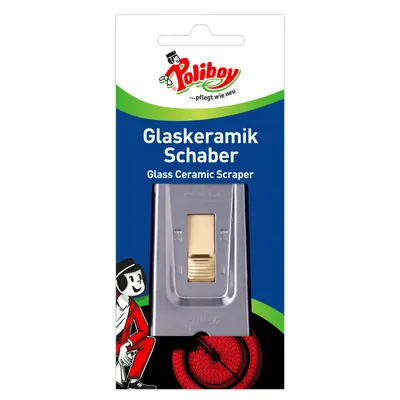 A product package for a glass ceramic scraper, showing the scraper and a cartoon character.