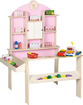 Produktbild von roba Kaufladen,  inkl. Teile Zubehör, elektronische Kasse, Holz natur, rosa, weiß, Seitentheke & Uhr