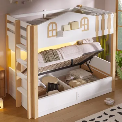 Productafbeelding van STILVORA Etagebed 90x200 cm met matras, bedframe met hydraulische opbergruimte en ladder, hoogslaper met LED-verlichting en open opbergvak, kinderbed in huisstijl