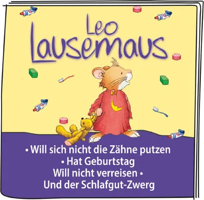 The image is a marketing graphic for a children's book or audio story featuring a mouse character named Leo Lausemaus. It includes illustrations of the character, a teddy bear, and various small objects like toothbrushes and toothpaste tubes, set against a