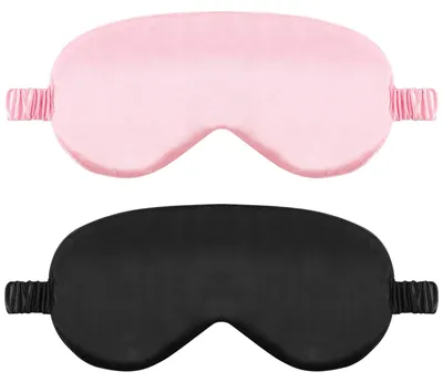 Image de Lot de 2 masques de sommeil en soie, masques de sommeil en satin doux, avec élastique, masques de nuit confortables pour femmes et hommes (noir et rose)