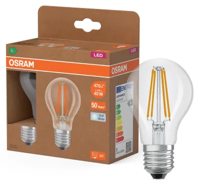 Obrázok produktu pre LED žiarovka OSRAM Energy Class v klasickom tvare žiarovky, 2,2 W / 470 lm, EEK A, studené biele svetlo (4000 K), CRI 80, z bezolovnatého skla čírej farby, pätica E27, IP20, priemer 60 mm.