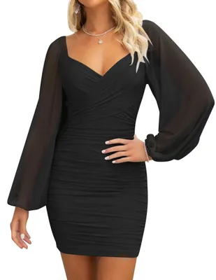 Produktbild von ZESICA Damen y V-Ausschnitt Gerafft Bodycon Minikleid Puff Langarm Cocktail H