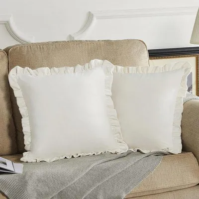 Productafbeelding van Velvet Kussenhoezen Set van 2 50x50CM Vierkante Ivoor Kussenhoezen met Kreukrand voor Bank en Slaapkamer, Luxe Zachte Decoratieve Kussen