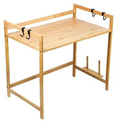 Image de Étagère pour micro-ondes - Rangement de cuisine - Bambou - 2 niveaux - 4 crochets - 55 x 42 x 35 cm - Bois naturel