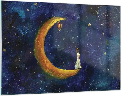 Produktbild von Bilder auf glas - Einteilig - Mädchen auf der Mond - 120x80cm - Glasbilder - Wandbilder - Bilder - zum Aufhängen bereit - Wanddekoration aus Glas - Glas Bilder - Wandbild auf Glas - GAA120x80-4575