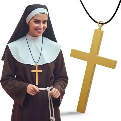 Image de Collier avec croix pour costumes de nonnes, prêtres et moines, collier d'Halloween, couleur or, 21 cm