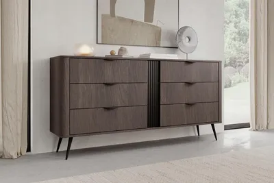 Produktbild von Kommode 163 cm Veris Eiche Dunin + Schwarz mit 6 Schubladen und Riffel-Front – Modernes Sideboard für Wohnzimmer, Schlafzimmer oder Büro