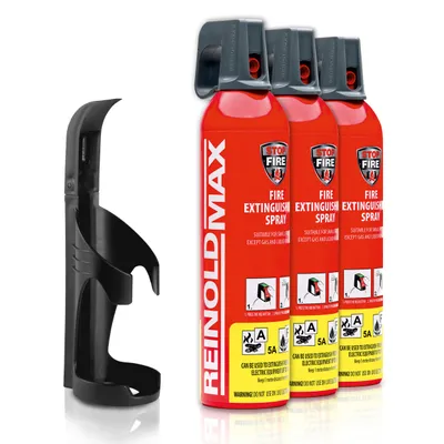 Produktbild von XENOTEC Premium Feuerlöschspray – 3 x 750ml – Wandhalter - Stopfire – Autofeuerlöscher – REINOLDMAX – inklusive Wandhalterung schwarz – wiederverwendbar