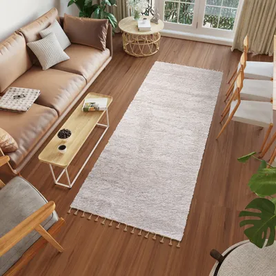 Produktbild von Teppichläufer Flur Teppich Hochflor Langflor Shaggy Modern Brücke Wohnzimmer Schlafzimmer Design Einfarbig Weich Hellgrau  100 x 250 cm