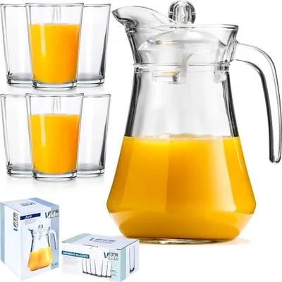 Produktbild von Vilde Glaskaraffe Karaffe Krug aus Glas mit Deckel 1,4 L + Gläser Trinkgläser 6 Stk. 200 ml