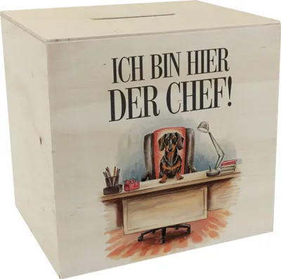 Produktbild von Hier ist der Dackel der Chef Spardose aus Holz - Dackel auf Bürostuhl