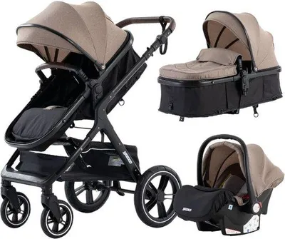 Obrázok produktu pre Luxusný kočík 3 v 1 – kočík – autosedačka – bugina – skladací – khaki – 0–36 mesiacov