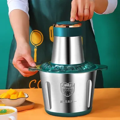 Obrázek produktu pro Elektrický mlýnek na maso – multifunkční drtič – objem 2 litry – nerezová ocel – drcení česneku – zelená barva
