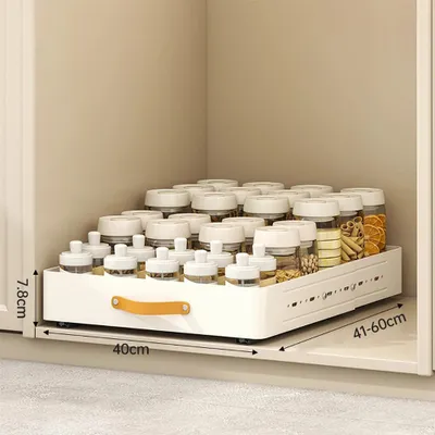 Image de Organisateur de placard de cuisine - Panier coulissant de 40 cm - En plastique - Avec poignée - Installation sans perçage - Pour garde-manger, salle de bain et armoire à linge