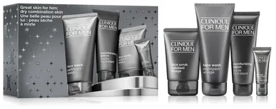 Zdjęcie produktu dla Clinique For Men – Kompletny zestaw do pielęgnacji skóry dla mężczyzn (dla skóry suchej): żel do mycia twarzy 200 ml, peeling do twarzy 100 ml, krem pod oczy 15 ml, emulsja nawilżająca 100 ml