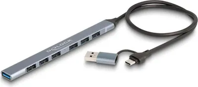 Produktbild von DeLOCK 4 Port Slim USB Hub mit USB Type-C™ oder USB Typ-A zu 3 x USB 5 Gbps USB Type-C™ + 1 x USB 5 Gbps Typ-A, USB 3.2 Gen 1 (3.1 Gen 1) Type-C, USB 2.0 Type-A, USB 3.2 Gen 1 (3.1 Gen 1) Type-A, 5000 Mbit/s, Grau, Metall, 0,5 m