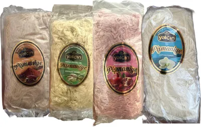 Produktbild von YALCIN Pismaniye – 4x Türkische Zuckerwatte | 4x 250g | Sorten: Vanille, Kakao, Pistazie & Granatapfel |Candy Spezialität+Heartforcards Versandschutz