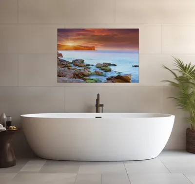Produktbild von Wallario wasserfestes Poster selbstklebend 91,50 x 61 cm, Sonnenaufgang am Meer mit Landzunge und Felsen im Wasser, Badezimmerposter Spritzschutz mit Hochglanzoberfläche in Glasoptik