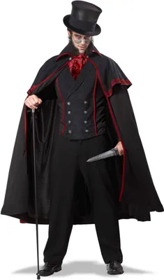 A man dressed in a Victorian-era costume, likely for Halloween or a themed event, stands against a white background. He is holding a cane in his left hand and a knife in his right.
