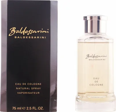 A product shot of a Baldessarini Eau de Cologne bottle and its packaging.