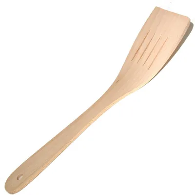 Produktbild von Holzspatel, durchbrochen, gebogen, breit, 31 cm | Küchenspatel aus Holz | Perforierter Holzspatel | Frittierzubehör