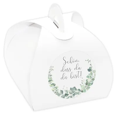 Produktbild von 24 x Kartonagen weiß + Aufkleber 'Eukalyptus - Schön, dass du da bist!' Gastgeschenke Set für Hochzeit, Taufe, Kommunion, Konfirmation