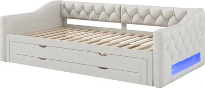 Produktbild von Tagesbett 90x200 cm Polsterbett mit LED-Beleuchtung, Ausziehbett & 3 Schubladen, Funktionsbett mit Stauraum, Leinen-Optik, Beige, Ohne Matratze
