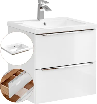 Produktbild von Waschtisch-Unterschrank 60cm mit Keramik-Waschbecken TOSKANA-56 Hochglanz weiß, B/H/T ca. 61/61/46 cm