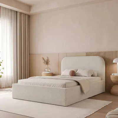 Productafbeelding van Gestoffeerd bed FUZZI, 120x200 cm, beige, met stoffen bekleding, inclusief bedlade en lattenbodem