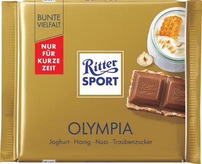 A close-up of a Ritter Sport chocolate bar wrapper with a piece of chocolate shown.