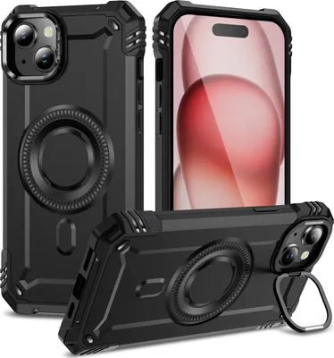 Produktbild von Magnetisch Hülle für iPhone 15, Heavy Duty Militärischer Stoßfest Handyhülle Kamera-Ringständer Schwarz