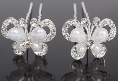 Produktbild von 2 Haarnadeln Perlen Strass Schmetterling Braut Kommunion Hochzeit Ball Haarschmuck