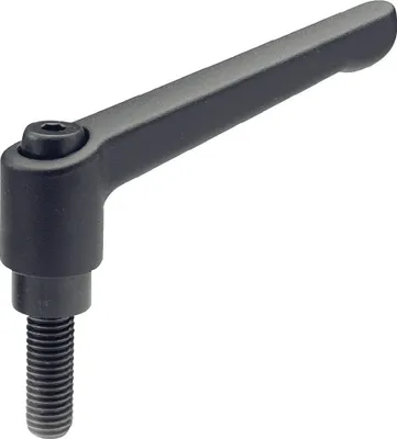 A black adjustable clamping lever with a threaded bolt.