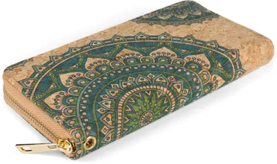 Image de Portefeuille pour femmes Unyqoos® en liège, orné d'un motif ethnique mandala coloré, fermeture éclair tout autour, dragonne amovible, dimensions : 19 x 10 x 2,5 cm – Couleur vert pétrole