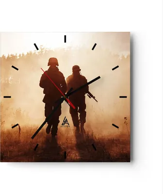 Produktbild von Wanduhr - Quadrat - Glasuhr - Soldat Gewehr - 40x40cm - Schleichendes Uhrwerk - Lautlos - zum Aufhängen bereit - Dekoration Modern - Wanddekoration aus Glas - C3AC40x40-4043