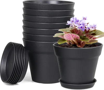 Immagine prodotto di confezione da 8 vasi da fiori con sottovaso da 10 cm - Set di vasi in plastica nera per giardini interni e da balcone