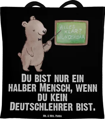 Produktbild von Mr. & Mrs. Panda Schultasche Deutschlehrer Herz - Schwarz - Geschenk, Grundschule, Tote Bag, Lustig, Tasche, Spruch, Deutschunterricht, Witzig, Jutebeutel, Beutel