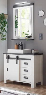 Produktbild von Badmöbel Set 4-teilig "Stove" weiß Pinie anthrazit Badezimmer MIT Waschbecken und LED