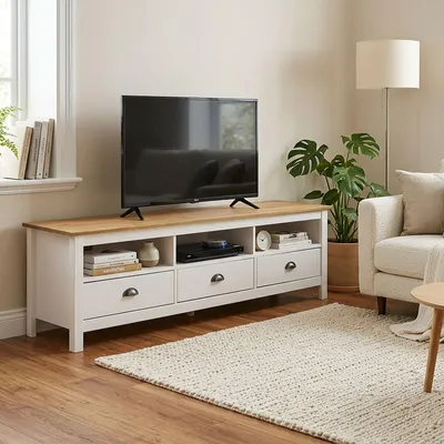 Produktbild von Lowboard CAMPO, 160 cm aus Massivholz, Weiß/Natur - TV Bank mit 3 offenen Fächern und 3 Schubladen, TV Schrank mit Kabeldurchlässen, Wohnzimmermöbel im Landhausstil