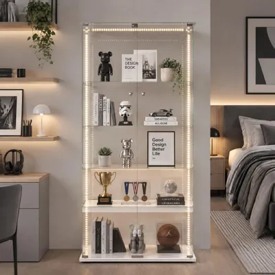 Produktbild von INONEFT Glasvitrine mit Led Beleuchtung, Modern Doppeltür 4 Etagen Vitrinenschrank für Wohnzimmer Schlafzimmer Büro Schätze, 163×80,6×36,5 cm Weiß