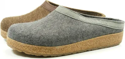 Two pairs of felt clogs with cork soles are shown side-by-side against a white background.