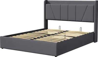 Obrázek produktu pro UnboxG postel 160x200 s LED a USB (bezdrátová podpora), čalouněná postel 160x200cm s čelem a úložným prostorem, manželská postel s roštovým rámem, úložný prostor, postel pro mládež, moderní rám postele zPolyuretan- šedý