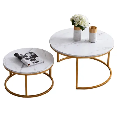 Two round coffee tables with marble pattern tops and gold metal frames, set against a white background.