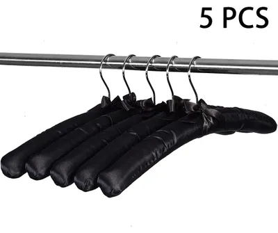 Produktbild von 5er-Pack gepolsterte Satin-Kleiderbügel, Pulloverbügel, Brautkleiderbügel aus Seide, weicher Stoff, keine Beulen, für Mäntel, Blusen und Kleider, Schwarz